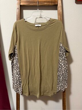Zenana Outfitters Olive Green Long Sleeve Top with Leopard Side Panels